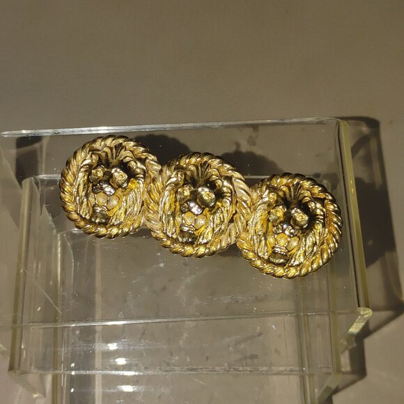 Lion Head Bar Brooch Pin Vintage 1980s Gold Tone Rope Detail 3 Inches Bold - Picture 9 of 10